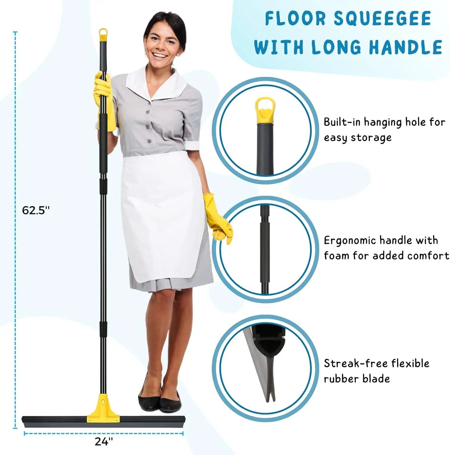 Floor Squeegee for Concrete and Tile Cleaning, 24'' Rubber Wiper Broom, Large Heavy Duty Water Scraper with 60'' Long Handle for Garage, Deck, Bathroom, Shower Glass, Window by GreenHaven Gardens