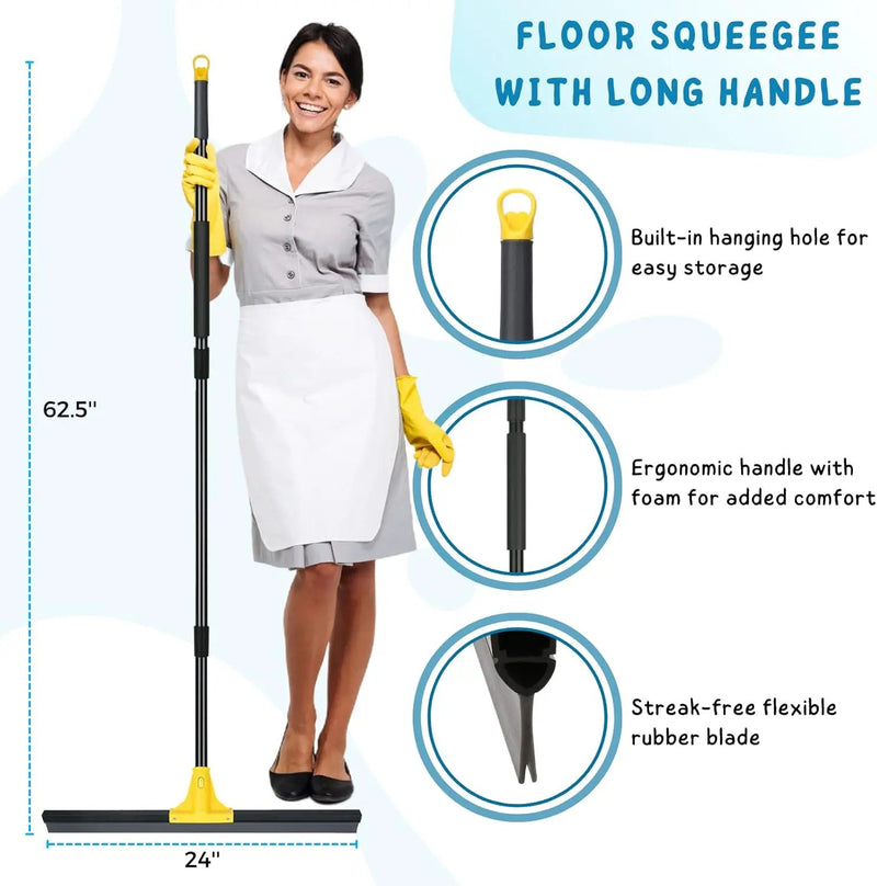 Floor Squeegee for Concrete and Tile Cleaning, 24'' Rubber Wiper Broom, Large Heavy Duty Water Scraper with 60'' Long Handle for Garage, Deck, Bathroom, Shower Glass, Window by GreenHaven Gardens