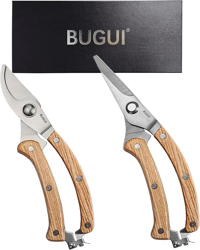 BUGUI 8” Wood Handle Garden Scissors, Set of 2, Includes Bypass Pruning Shears and Long Straight Tip Clippers, Premium Gardening Tools with Precision-Ground SK-5 Steel Blade by GreenHaven Gardens