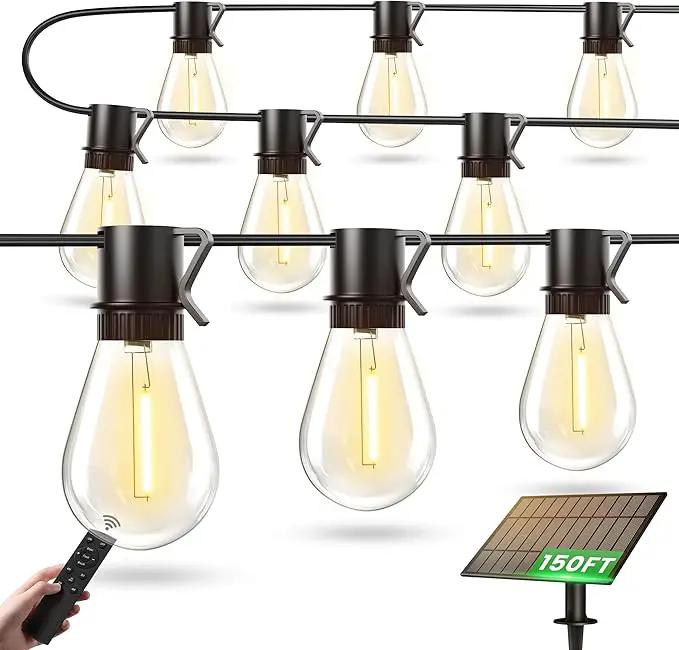 Solar Powered 150FT Outdoor String Lights 35+2 LED Bulbs Waterproof Shatterproof Remote Control Dimmable Extra Long Hanging Lights for Large Yard Deck Market Cafe Event Lighting by GreenHaven Gardens