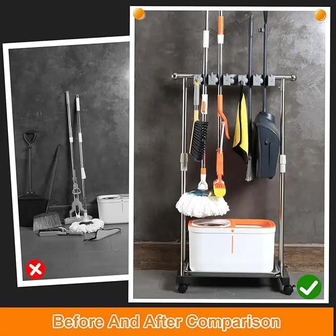 Stainless Steel Mop and Broom Holder with Wheels - Keep Your Cleaning Tools Organized! (S) by GreenHaven Gardens