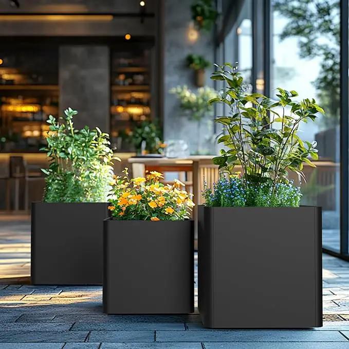 Large Metal Square Planter 24" L x 24" W x 24" H, Heavy Duty Black Large Outdoor Planters with Drainage Hole for Porch/Patio/Garden by GreenHaven Gardens
