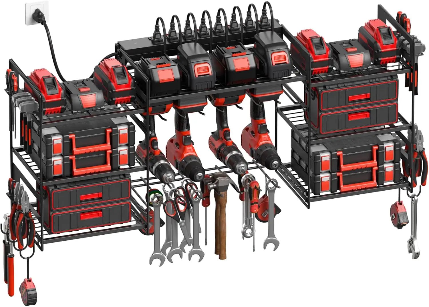 CCCEI Black Power Tool Organizer Wall Mount, Large Tools and Battery Storage Rack Charging Station Individual Switches. Drills Holder, Garage Utility Shelves with 10FT Power Strip. Gift for Men. by GreenHaven Gardens