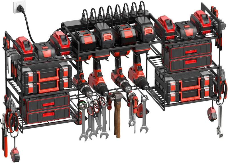 CCCEI Black Power Tool Organizer Wall Mount, Large Tools and Battery Storage Rack Charging Station Individual Switches. Drills Holder, Garage Utility Shelves with 10FT Power Strip. Gift for Men. by GreenHaven Gardens