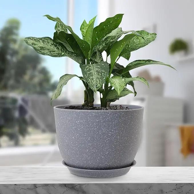 Plant Pots 12 inch, Plastic Planters with Drainage Holes and Saucers, Large Flower Pots for Indoor Outdoor Plants, Modern Decorative Pots for Garden House Plants, Speckled Grey by GreenHaven Gardens