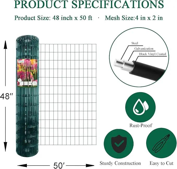 Green PVC Coated Welded Wire Fence 48 Inch x 50 Foot, 2 Inch x 4 Inch 14GA, Garden Border Fencing Roll Vinyl Coating Metal Wire Mesh Hardware Cloth for Yard Vegetable Plant Protection by GreenHaven Gardens
