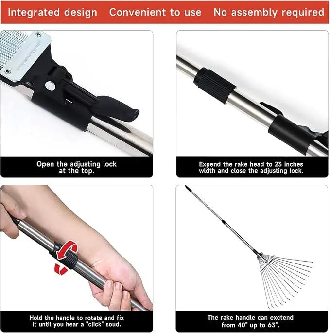 Adjustable Garden Metal Rake -32 to 63 Inch ,Hand Weed Collapsible Camping Landscape Dethatcher Rake for Leaves Shrub Yard Lawns,Leveling Yard Tool,Black by GreenHaven Gardens