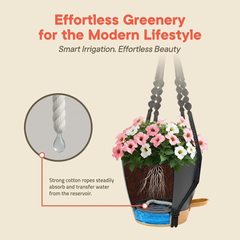 Black Hanging Self Watering Pots with Macrame Black Rope, 3 Pack Indoor & Outdoor Hanging Plant Pots with Built-in Reservoir, Wick Rope, Drainage Holes & Hooks, Stylish Boho Decor Hanging Planter by GreenHaven Gardens