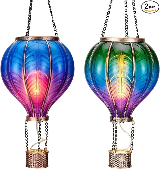 TERESA'S COLLECTIONS 2 Pack Hanging Solar Lantern Outdoor Garden Decor for Valentine ,Waterproof Plastic Hot Air Balloon Green Flickering Flame Effect Lantern for Yard Tree ,18" by GreenHaven Gardens