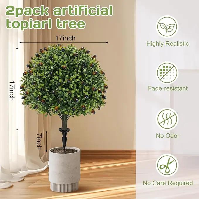 Artificial olive Topiary Ball Tree 24" with Ground Spike, Set of 2 Artificial Boxwood Bushes for Faux Shrubs, Fake Evergreen Faux Plant for Indoor Outdoor Porch Garden -UV Resistant–Fade-Proof by GreenHaven Gardens