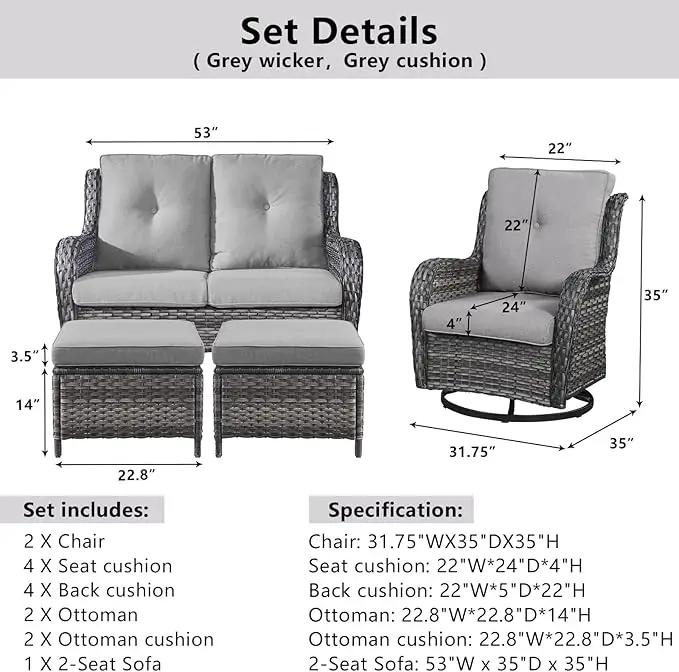 5 Piece Outdoor Patio Furniture Set - Wicker Furniture Patio Conversation Set, Outdoor Swivel Rocker Chairs with Loveseat Sofa and 2 Ottomans for Small Space, Gray Cushion by GreenHaven Gardens