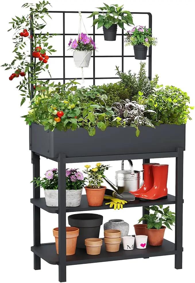 Elevated Planter Box with Trellis Raised Garden Bed with Legs Outdoor Standing Flower Beds for Patio Vegetable Herb by GreenHaven Gardens