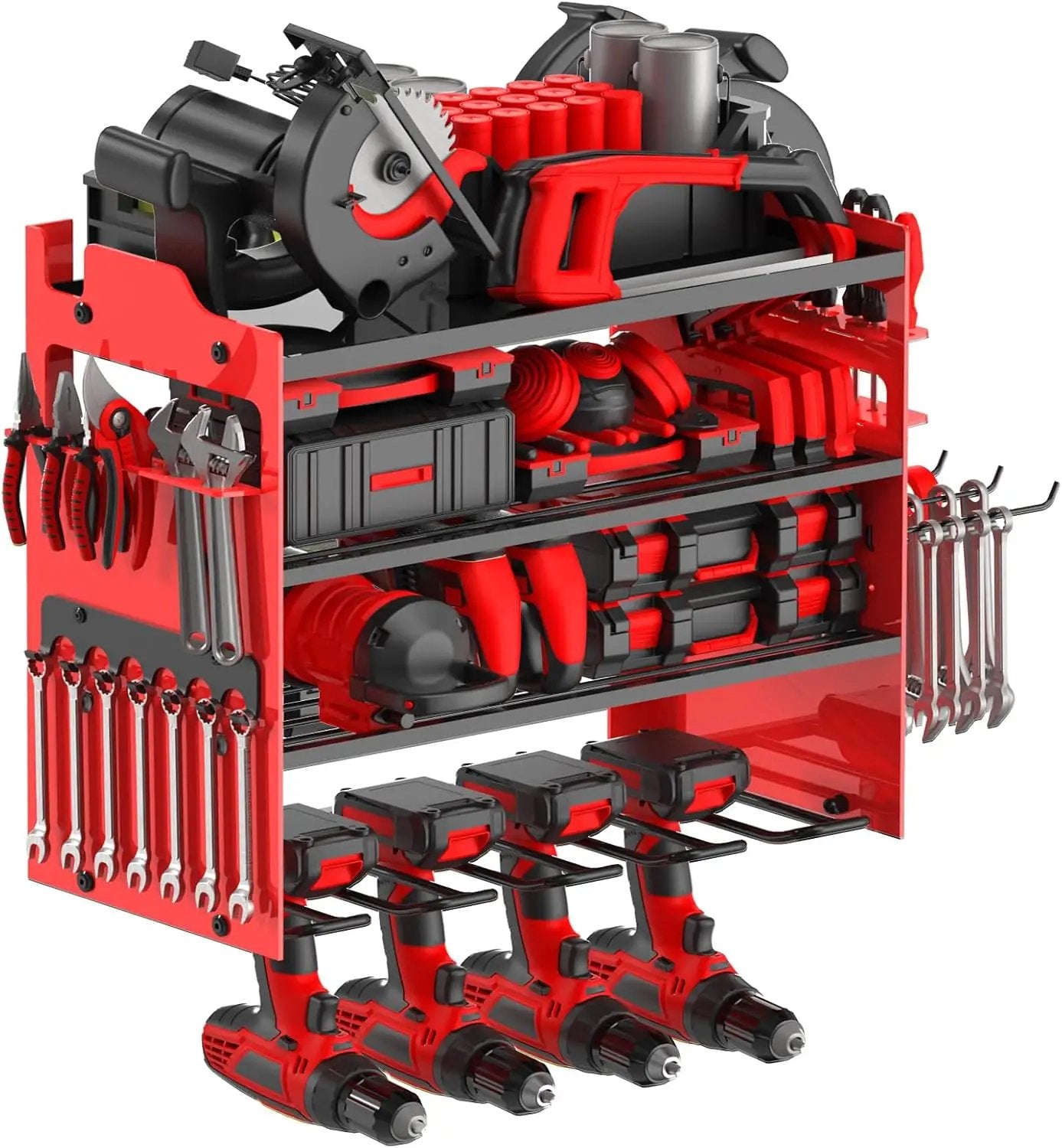 Power Tool Organizer Wall Mount with 4-Drill Holders-400Lbs Load Heavy Duty Metal 4-Layers Garage Storage & Organization Battery Tools Rack with Side Panels Utility Racks Workshop Gifts for Men by GreenHaven Gardens
