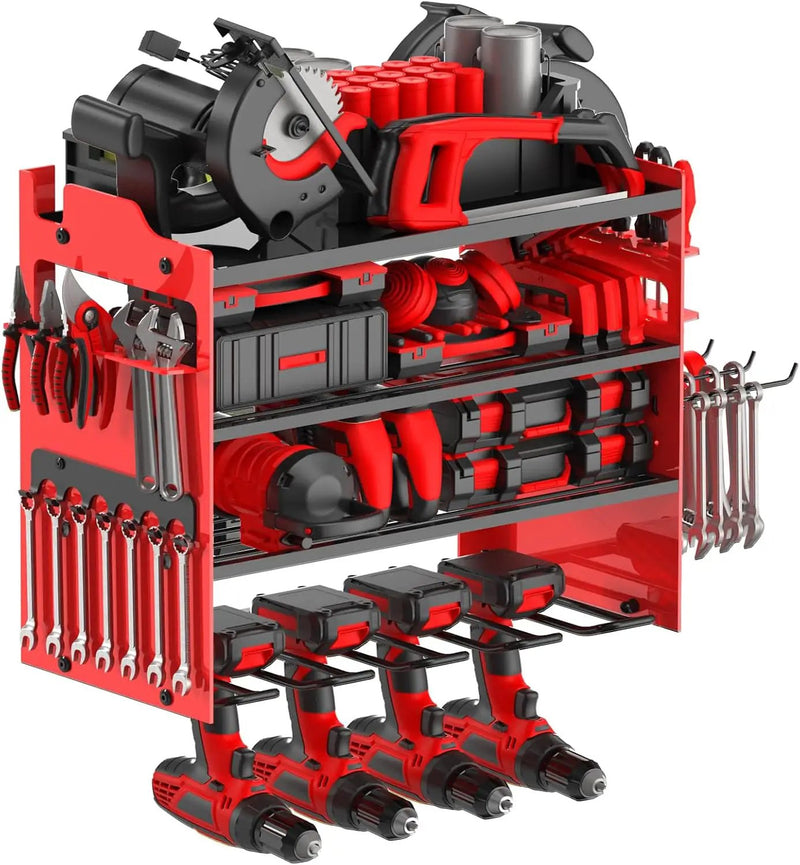 Power Tool Organizer Wall Mount with 4-Drill Holders-400Lbs Load Heavy Duty Metal 4-Layers Garage Storage & Organization Battery Tools Rack with Side Panels Utility Racks Workshop Gifts for Men by GreenHaven Gardens