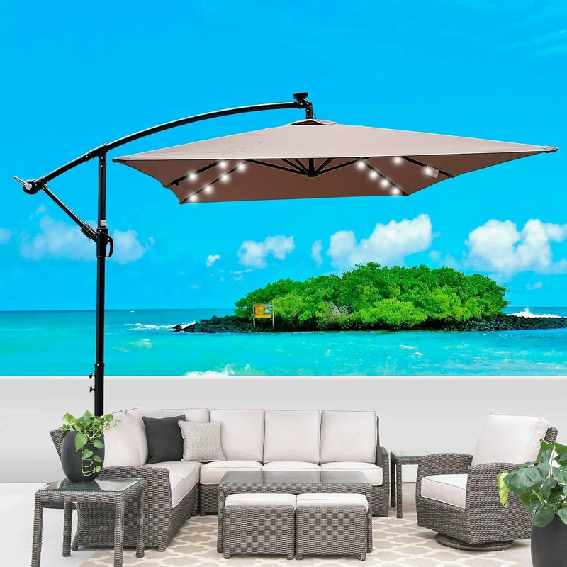 10x6.5FT Patio Umbrella, Outdoor Offset Umbrella with Cross Base and Crank, Rectangular Cantilever Umbrella with Solar Lights, Hanging Market Umbrella with 6 Rids for Pool, Deck, Backyard (Mushroom) by GreenHaven Gardens