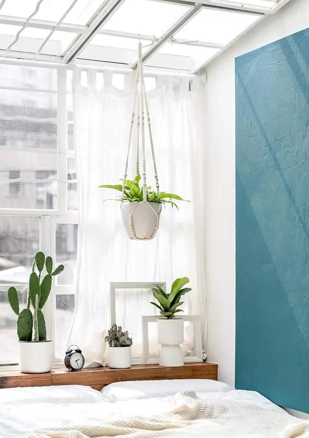 Mkono 43 Inch Macrame Plant Hanger Large for up to 12 Inch Pot Extra Long Hanging Plant Holder No Tassels Hanging Planter Basket with Wood Beads for Indoor Outdoor Boho Home Decor, Ivory by GreenHaven Gardens