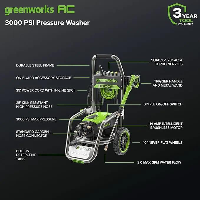 Greenworks Pro Brushless 3000 PSI (CSA Certified) 2.0 GPM Max / 1.1 GPM Electric Pressure Washer (Foldable Handles, Rugged Steel Frame, 25 FT Hose, 35 FT GFCI Power Cord) by GreenHaven Gardens