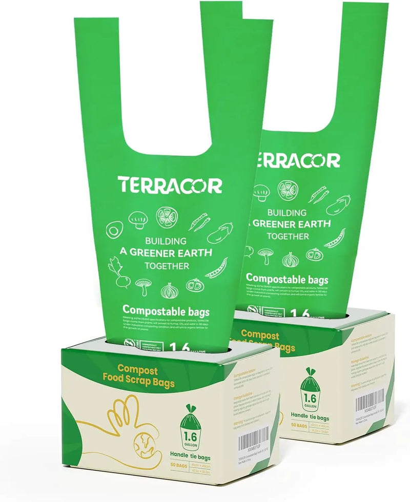 1.6 Gallon Compostable Food Scrap Bags Handle Tie for Kitchen Countertop Bin, 6 Liter Small Compost Bags, 100 Count (Pack of 2), BPI Certified and Meet The ASTM D6400 Standard by GreenHaven Gardens