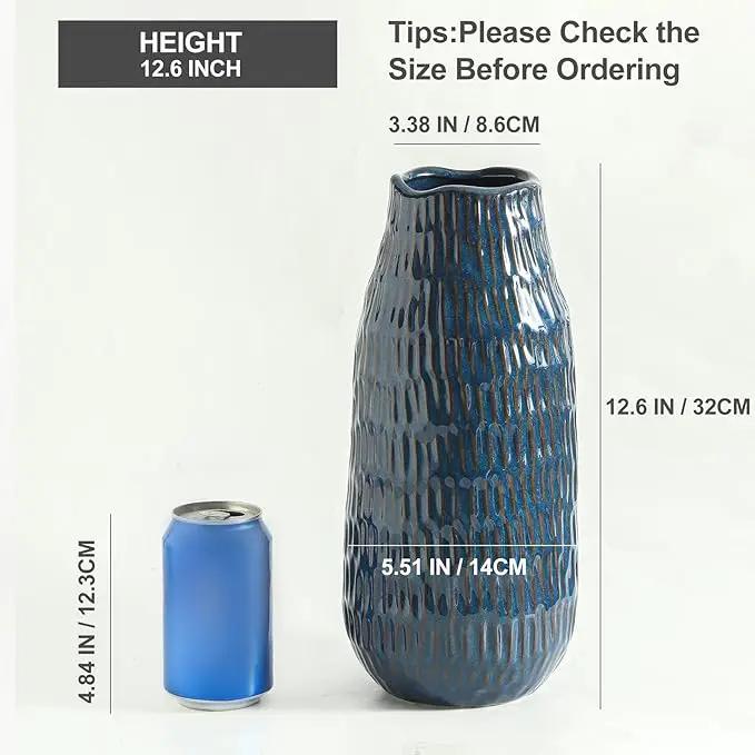 Blue Ceramic Vase for Home Decor, 12.6 Inch Tall Flower Vase with Modern Textured Finish,Decorative Floor Vase for Pampas Grass, Entryway, Living Room, Dining Table, Farmhouse or Office by GreenHaven Gardens
