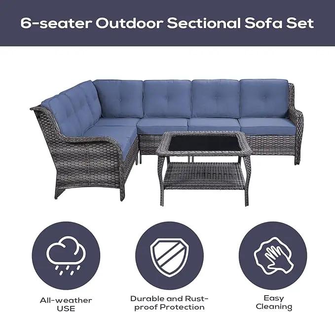 Outdoor Furniture Sectional Sofa L Shaped Couch - Patio Wicker Furniture Set with Coffee Table, 3 Piece Rattan Patio Conversation Sets with Blue Cushion for Deck Backyard Sunroom by GreenHaven Gardens