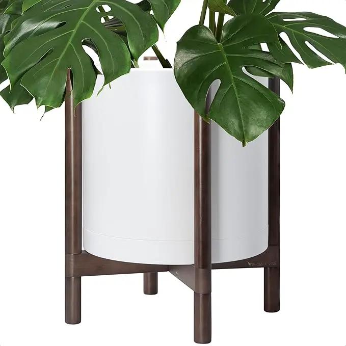 D'vine Dev Planter Pot with Stand - 16 Inch Plastic Cylinder Flower Pot with Wood Planter Holder for Indoor, Matte White Pot + Walnut Color Stand, 55-C-X-1 by GreenHaven Gardens