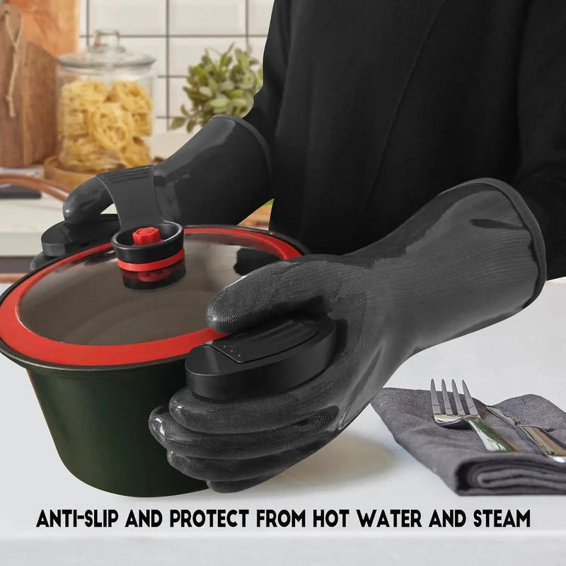 DEYAN Silicone BBQ & Oven Gloves - Food Grade, Heat Resistant Waterproof & Oil Proof Gloves for Grilling, Baking, Frying, Cooking - Long Sleeve & Non-Slip Grip, 1 Pair(Black, 9/L) by GreenHaven Gardens