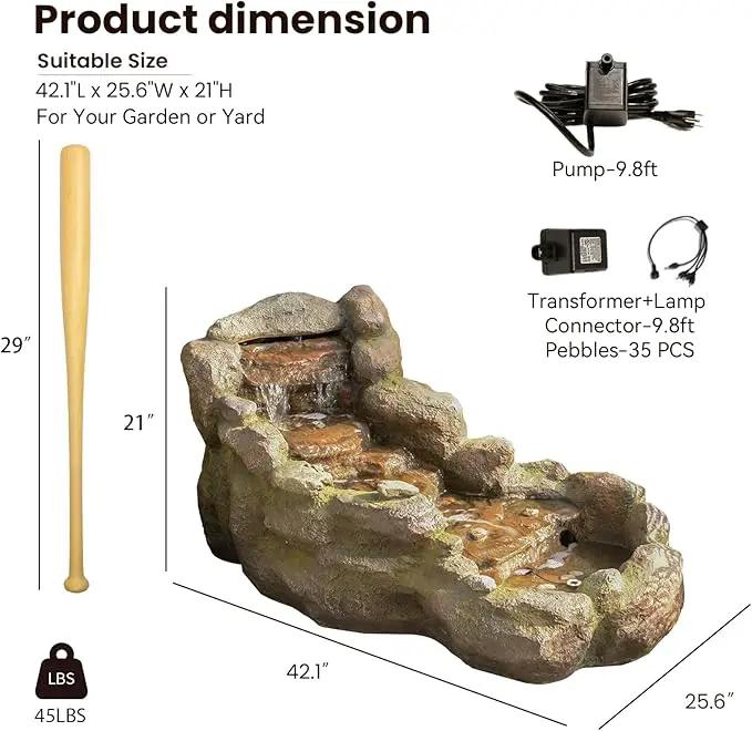 42 in Natural-Style Tier Garden Rock Water Fountain Outdoor, Floor-Standing Fountains That Feature Gentle Waterfall and LED Lights for Patio, Backyard, Deck, Porch, Home Décor by GreenHaven Gardens