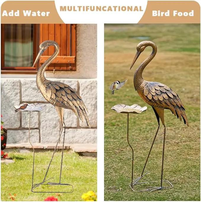 42'' Heron Garden Statue for Outside, Crane Outdoor Statue & Sculpture with Lotus Leaf, Metal Heron Yard Art Decor for Garden, Yard, Lawn, Pond (Gold & Blue) by GreenHaven Gardens