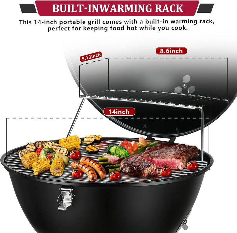 14inch Portable Charcoal Grill with Warming Rack, Small bbq Charcoal Grill Tabletop Foldable Grills for Backyard, Camping, Black by GreenHaven Gardens