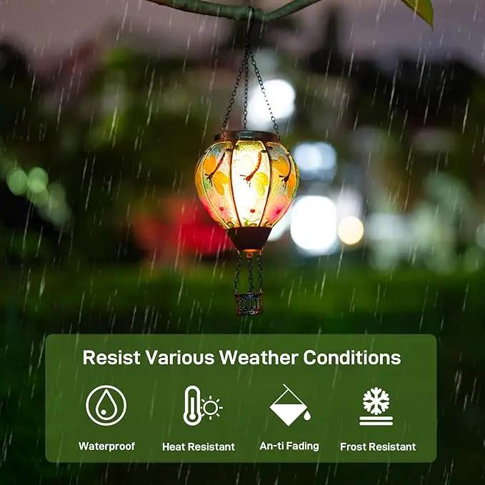 Dragonfly Solar Hot Air Balloon Lantern with Flame, Glass Hot Air Balloon Solar Lantern Outdoor Waterproof, Decorative Hanging Hot Air Balloon Solar Light for Outside Garden Patio Yard by GreenHaven Gardens