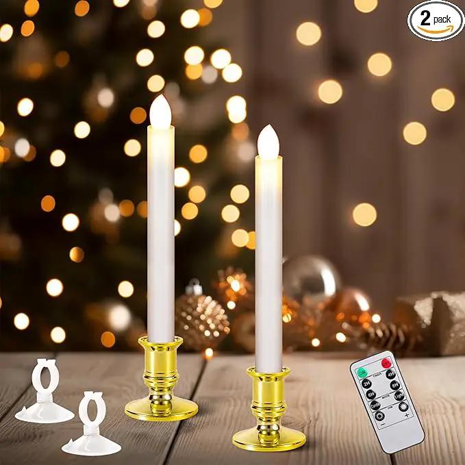 2 Pack Christmas Window Candles with Remote Timer, Flickering Flameless Candles with Candle Holders Suction Cups for Christmas Party Decorations, Gold by GreenHaven Gardens