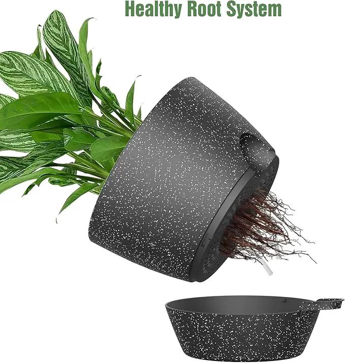 WOUSIWER 10 inch Self Watering Planters, 2 Pack Large Plastic Plant Pots with Deep Reservior and High Drainage Holes for Indoor Outdoor Plants and Flowers, Speckled Black by GreenHaven Gardens
