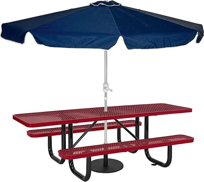 Global Industrial 8'L Rectangular Picnic Table, ADA Compliant, Expanded Metal, Red Thermoplastic Coating, Attached Benches, 1-1/2” Umbrella Pole Hole, Outdoor-Rated by GreenHaven Gardens