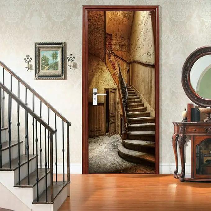 3D Door Stickers Murals Peel and Stick - Old Stairs - Door Wallpaper Self-Adhesive Door Decals Removable PVC Waterproof Door Poster for Bedroom Living Room Door 33.9" x 78.7" by GreenHaven Gardens