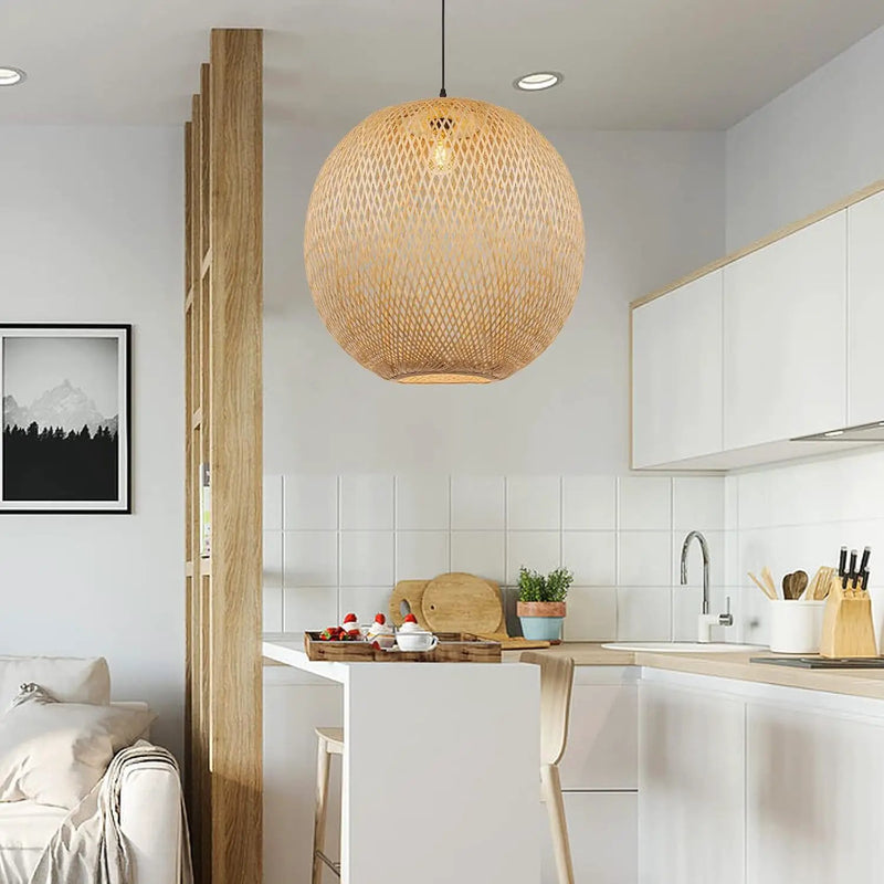 Arturesthome Round Bamboo Pendant Lights, Wicker Chandelier Hand-Woven Boho Basket Lampshade Hanging Ceiling Light for Kitchen Island Living Room by GreenHaven Gardens