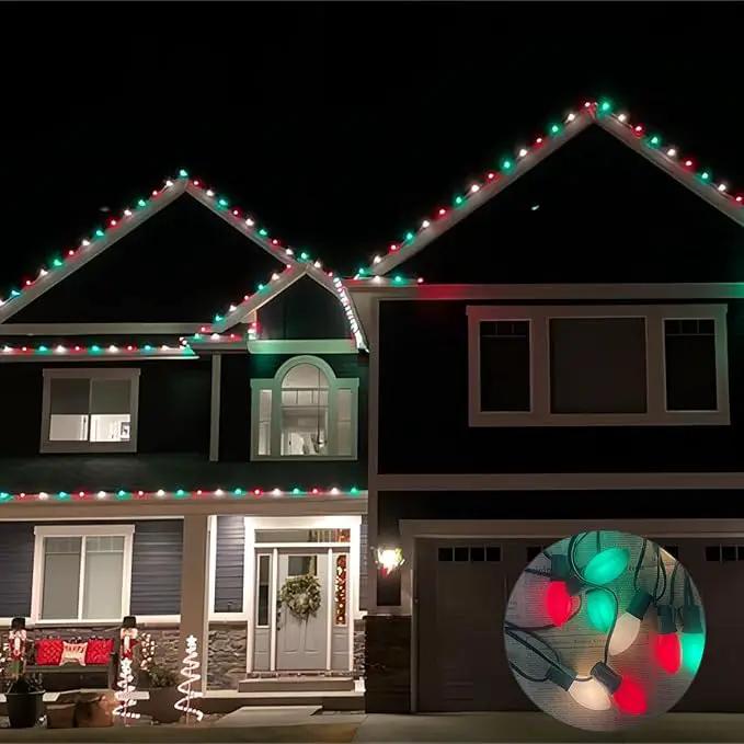 25Ft Red, White, and Green C9 Outdoor Christmas Lights with 26 Incandescent Bulbs (1 Spare), Extendable C9 Christmas String Lights for Tree, Roofline by GreenHaven Gardens