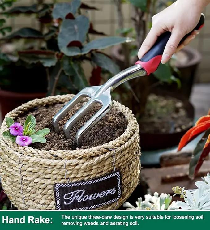 ESOW Garden Tool Set with Non-Slip Rubber Handle, 3 Piece Cast-Aluminum Heavy Duty Gardening Kit Includes Hand Trowel, Transplant Trowel and Cultivator Hand Rake, Red by GreenHaven Gardens