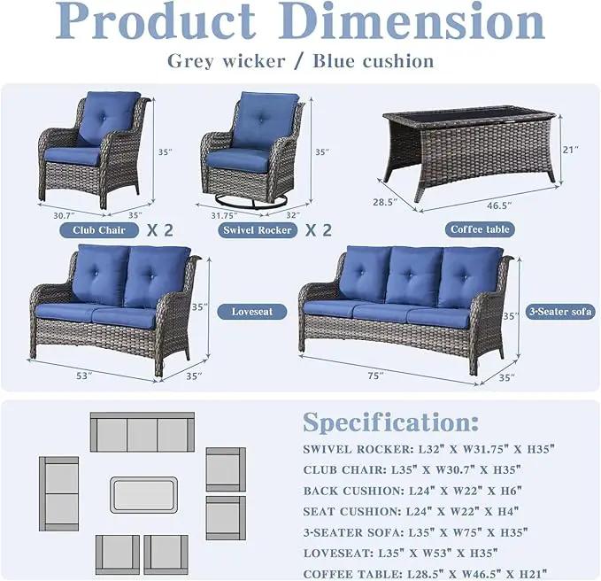 Outdoor Wicker Furniture Patio Set - 7 Piece Backyard Furniture Grey Rattan Conversation Sets with Swivel Rocker Chairs, Rattan Sofa, Club Chairs and Coffee Table, Blue Cushion by GreenHaven Gardens