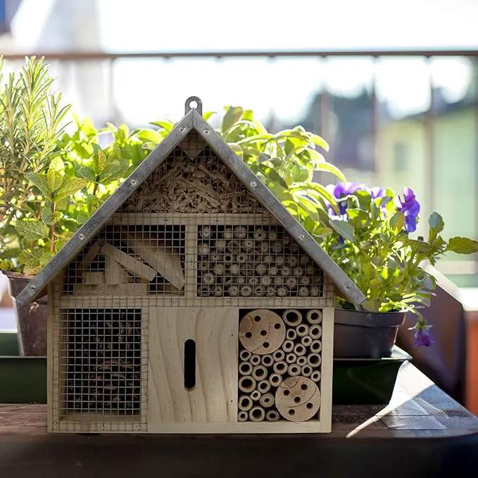 Insect Hotel - Pollinator House and Bug Condo for a Snug Home Outdoors - Garden Habitat for Bees, Ladybugs, and Butterflies - Natural Wood and Metal Construction - 10 x 3X 11 inches by GreenHaven Gardens