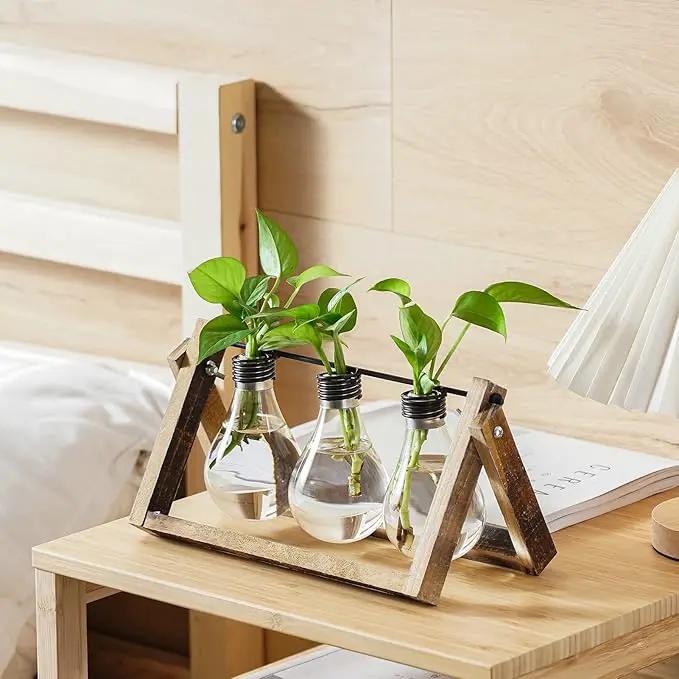 Marbrasse Plant Propagation Stations with Wooden Stand, Desktop Plant Terrarium Holder Bulb Vase, Glass Vase Container with Metal Swivel Holder for Hydroponics of Home Garden Office Decor Lover Gifts by GreenHaven Gardens