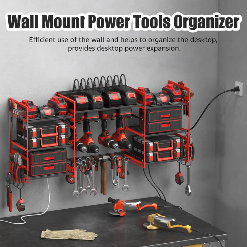 CCCEI Red Power Tool Organizer Wall Mount, Large Tools and Battery Storage Rack Charging Station Individual Switches. Drills Holder, Garage Utility Shelves with 6FT Power Strip. Gift for Men. by GreenHaven Gardens