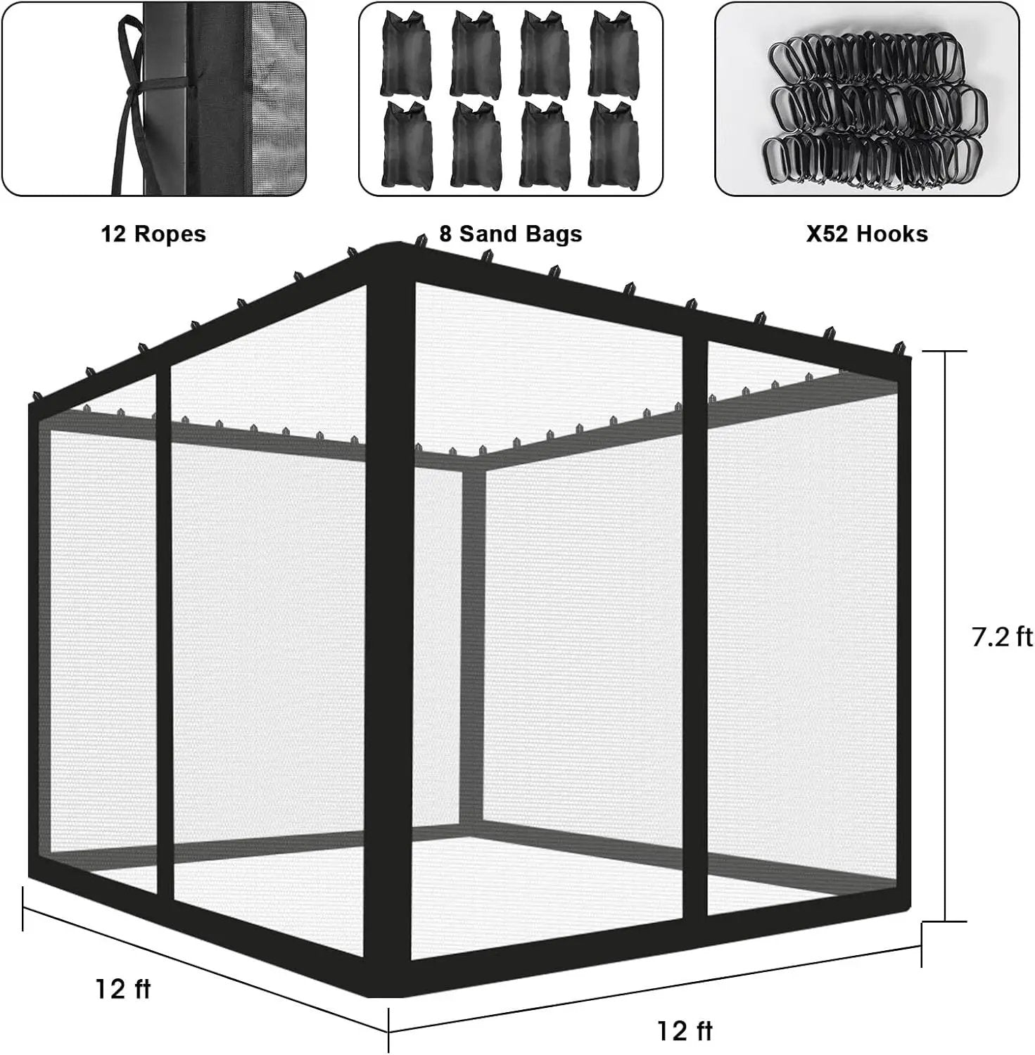 ShowyLive 12x12 Patio Umbrella Mosquito Netting with Zipper 4 Doors & 8 Weight Bag - Adjustable Polyester Mesh Bug Screen for Outdoor Umbrellas, Garden, Patio Tables (Black) by GreenHaven Gardens