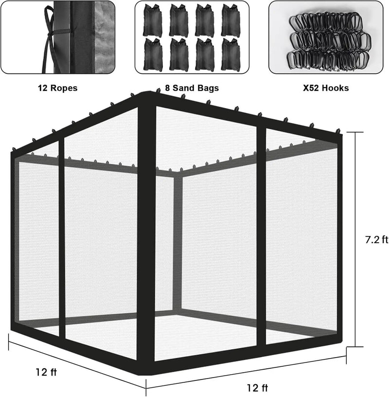 ShowyLive 12x12 Patio Umbrella Mosquito Netting with Zipper 4 Doors & 8 Weight Bag - Adjustable Polyester Mesh Bug Screen for Outdoor Umbrellas, Garden, Patio Tables (Black) by GreenHaven Gardens