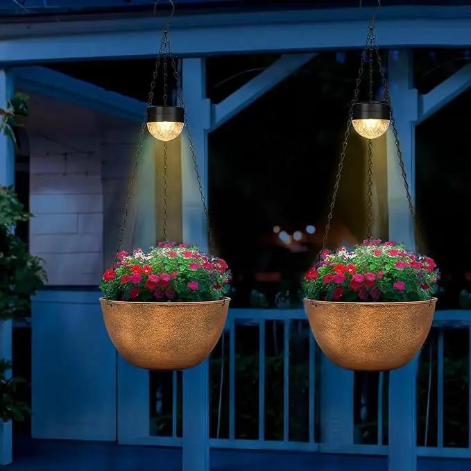 2 Packs Hanging Planters Basket for Outdoor Plants, Solar Powered Self Watering Bronze Round Plastic Flower Pots with Drainer for Balcony Patio Garden Outdoor Decoration by GreenHaven Gardens