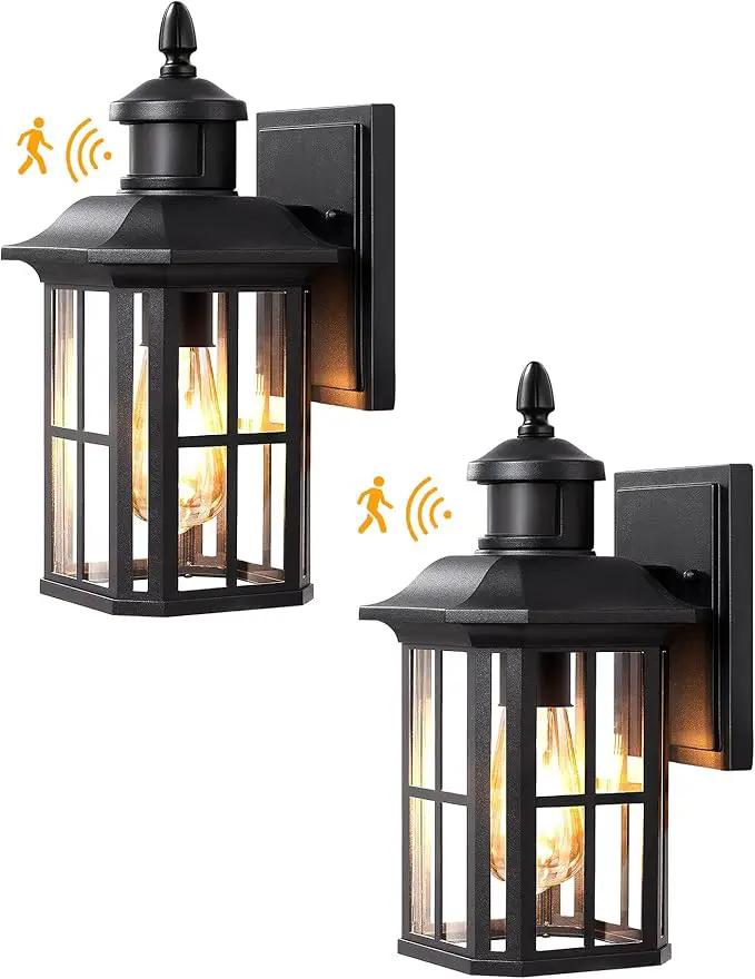 EDISHINE 2 Pack Motion Sensor Outdoor Wall Lights, Dusk to Dawn Exterior Lighting Fixture, Modern Porch Light Wall Mount, Clear Water Glass, Anti-Rust Aluminum for Front Door Garage, Patio, Black by GreenHaven Gardens