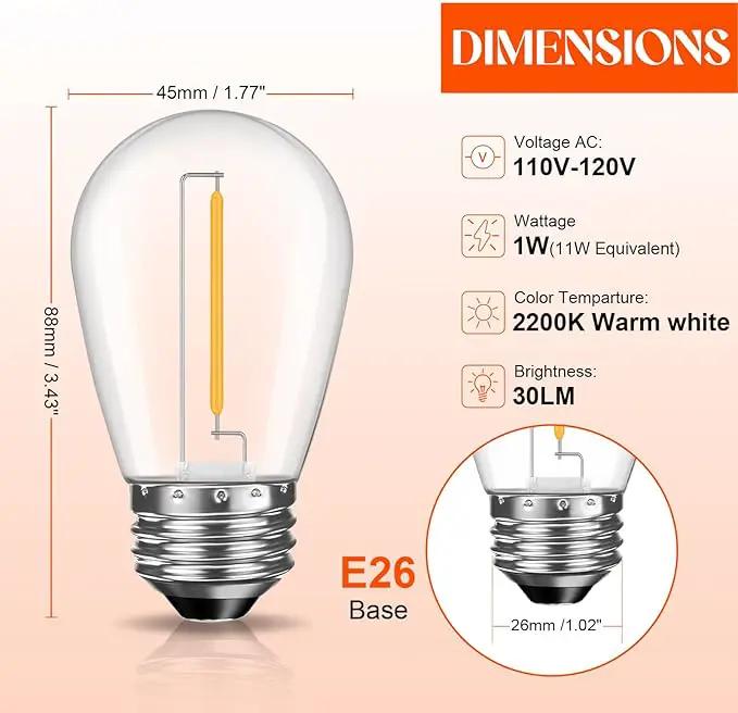 36 Pack S14 LED Bulbs for Outdoor String Lights, Shatterproof Replacement Edison Bulbs for Patio String Lights Outdoor Waterproof, Warm White 2200K, Dimmable, E26 Standard Base by GreenHaven Gardens