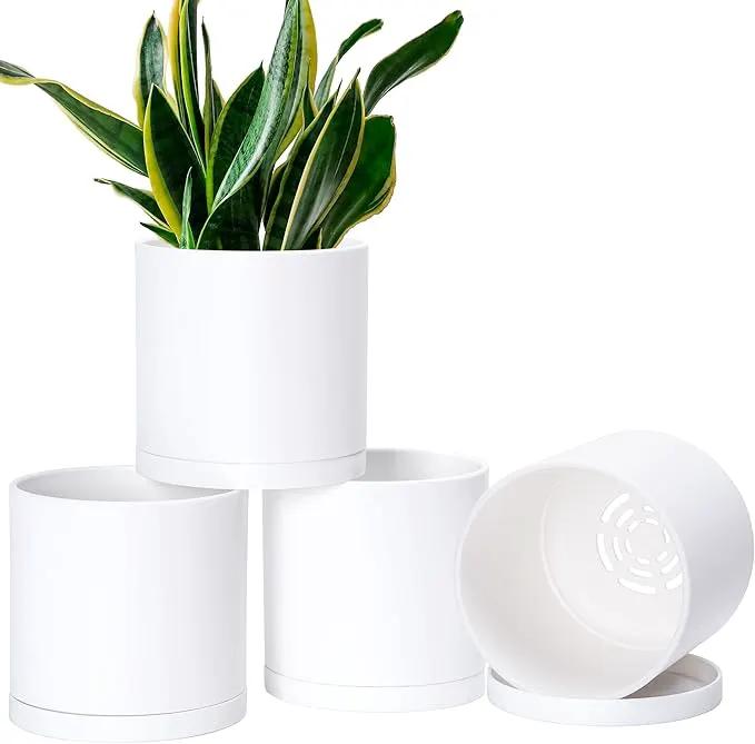 D'vine Dev 4 Pack 6.5 Inch Modern Plastic Plant Pots, Small Garden Planters for Plant with Drainage Holes and Saucers, White Color, 74-Z-L-2 by GreenHaven Gardens