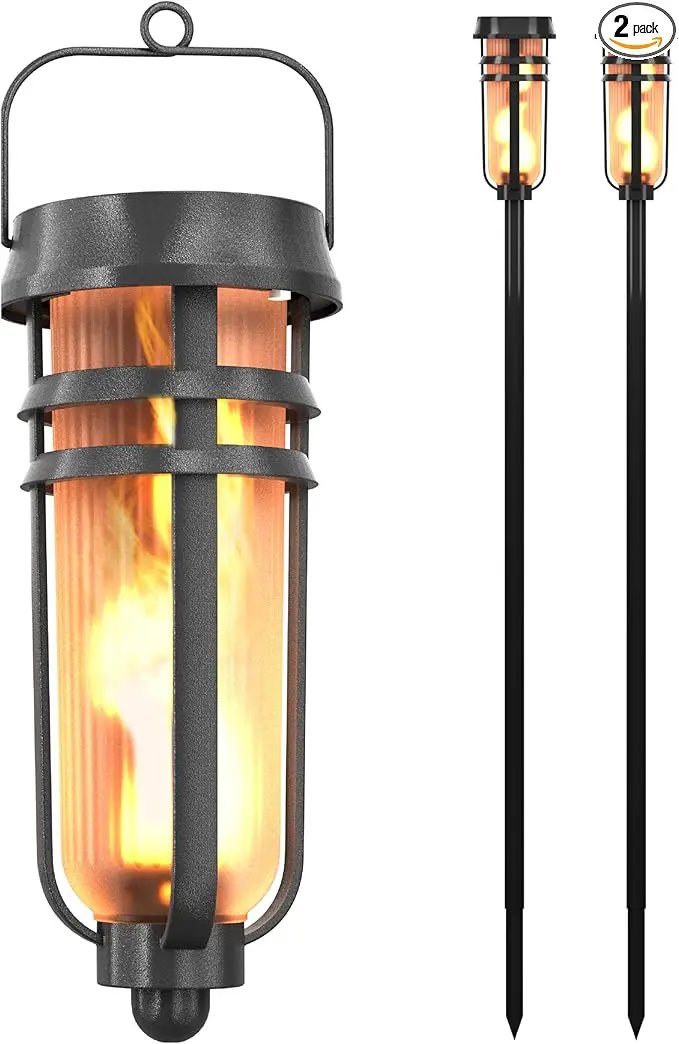 Metal Solar Torch - Adjustable Height (24" - 50"), Outdoor Lights with Flickering Flame, Waterproof Solar Powered Lights, Flame Torches for Patio, Pathway, Yard Decor, Matte Black (2-Pack) by GreenHaven Gardens