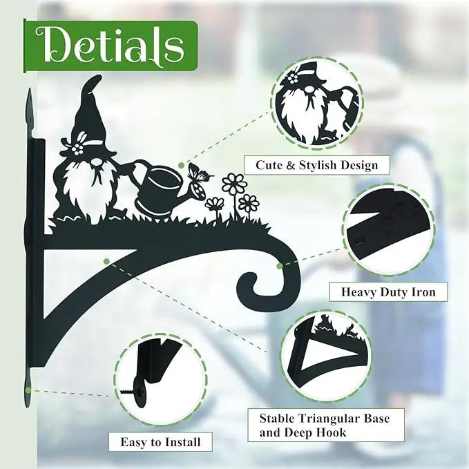 Hanging Plant Bracket Heavy Duty Iron Ornamental Gnome Silhouette Hanging Plant Hangers Outdoor 12 inch Hanging Basket Bracket Hook Wall Mounted for Flower Pot, Lantern, Bird Feeder, Wind Chimes by GreenHaven Gardens