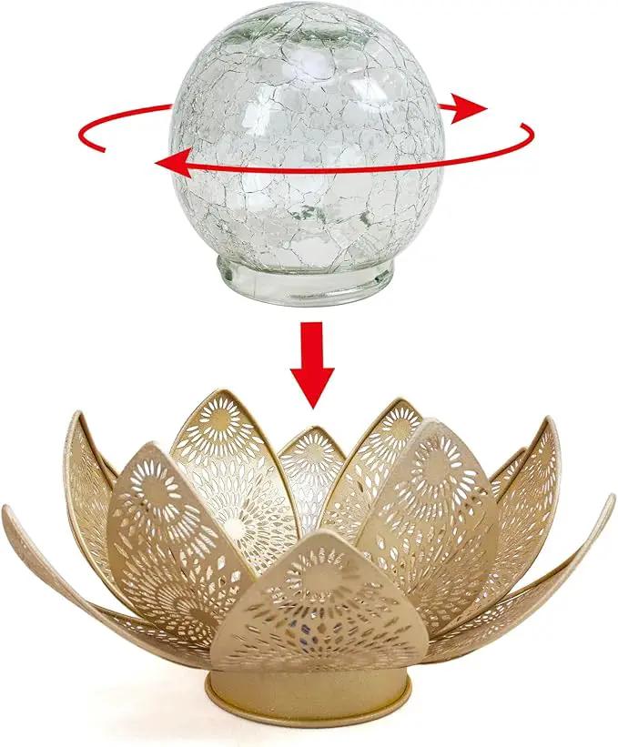 Solar Lights Outdoor Waterproof Lotus Flower Metal Yard Art Decoration Crackle Globe Glass Solar Lamp Garden Decor for Outside, Flowerbed Lawn Patio Porch Pathway Pond Decorations by GreenHaven Gardens